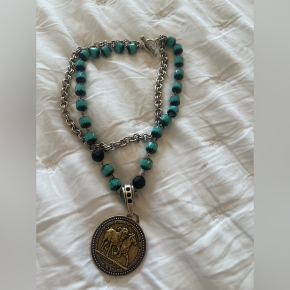 French Kande Turquoise, Silver and Gold Medallion Necklace NWOT - Picture 2 of 4